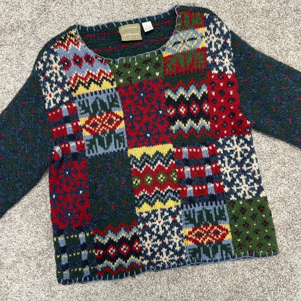 Liz Claiborne Hand Knit Sweater Women Size Large 100% Wool Patchwork Holiday
